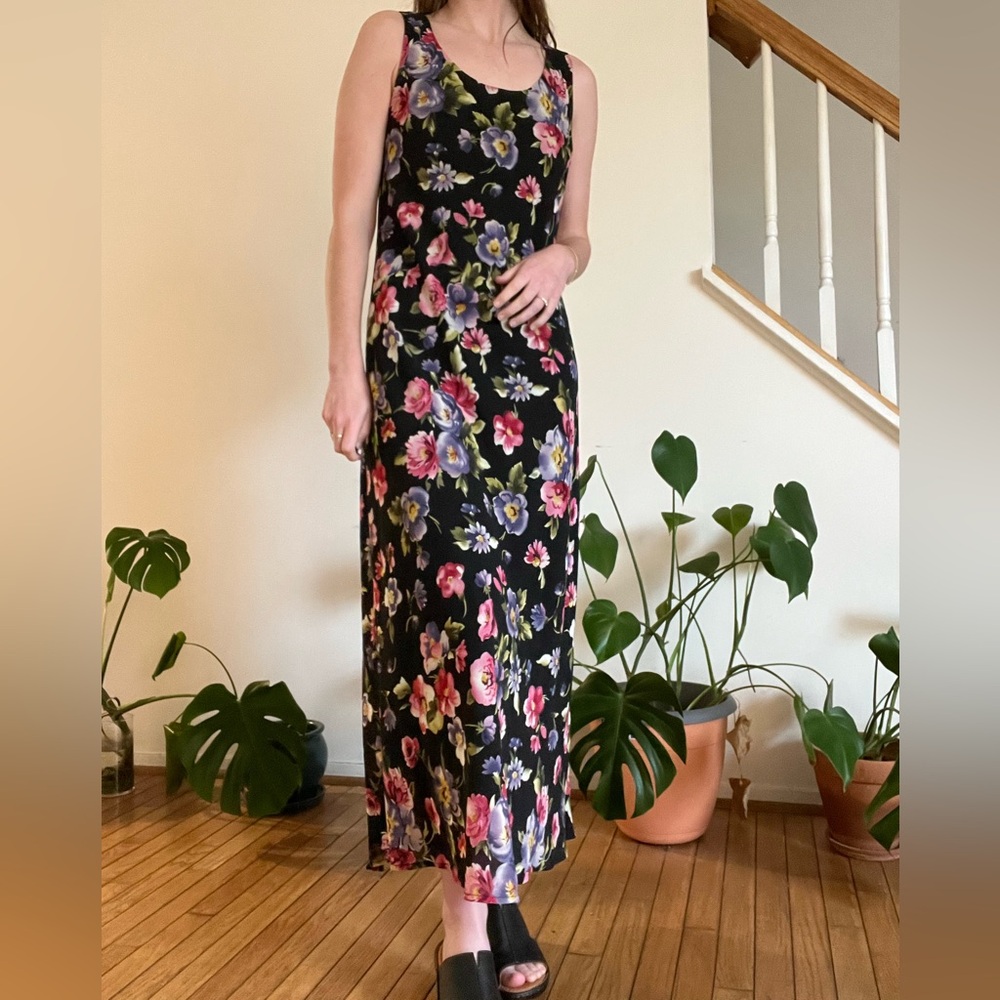 Vintage Womens Maxi Dress Front Tie Top Set Size 10 Medium Floral 90s 2Pc USA
